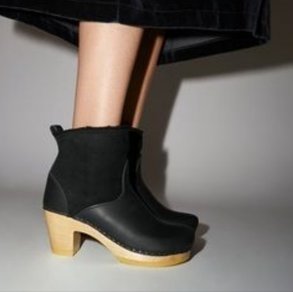 No.6 Pull On Shearling Black Aviator Ink Waterproof Leather High Heel Clog Boots - Picture 1 of 9